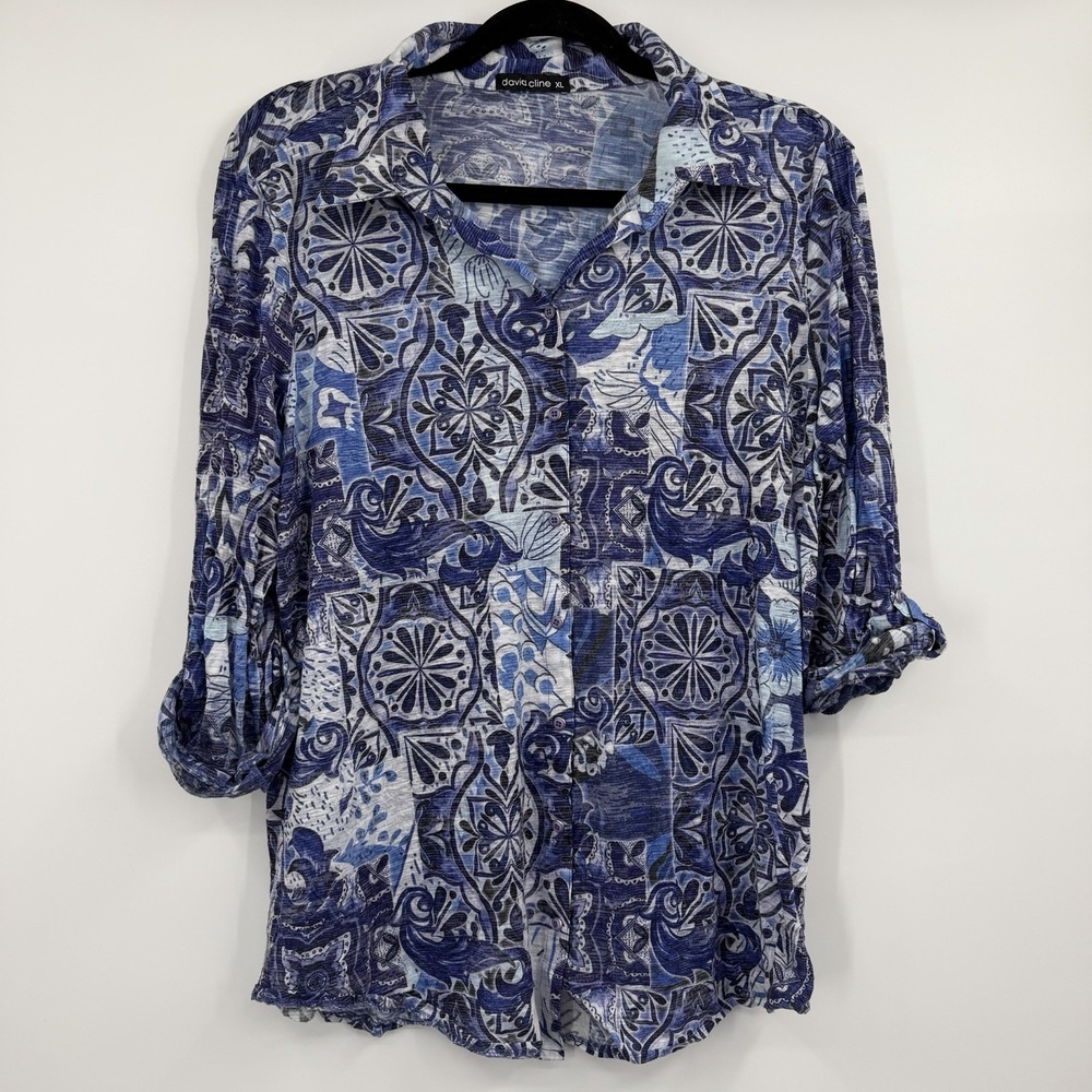 David Cline Shirt Top Womens XL Blue Popover Rolltab Sleeve Art Colorful